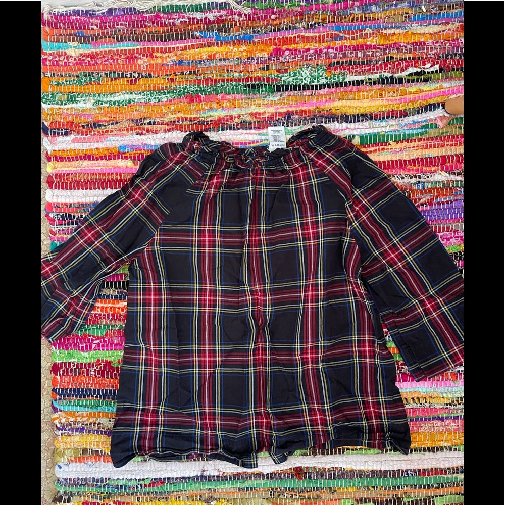 Black watch plaid blouse